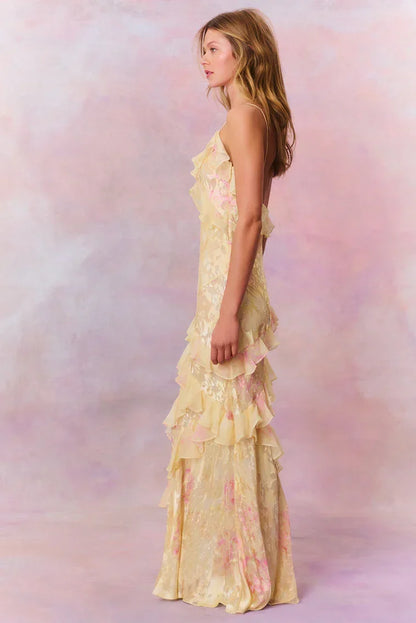 Vestido largo mujer con volantes asimétricos y tirantes finos
