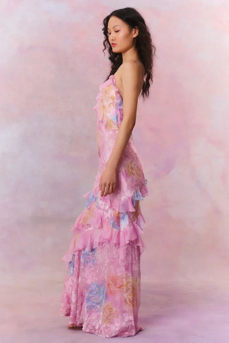 Vestido largo mujer con volantes asimétricos y tirantes finos