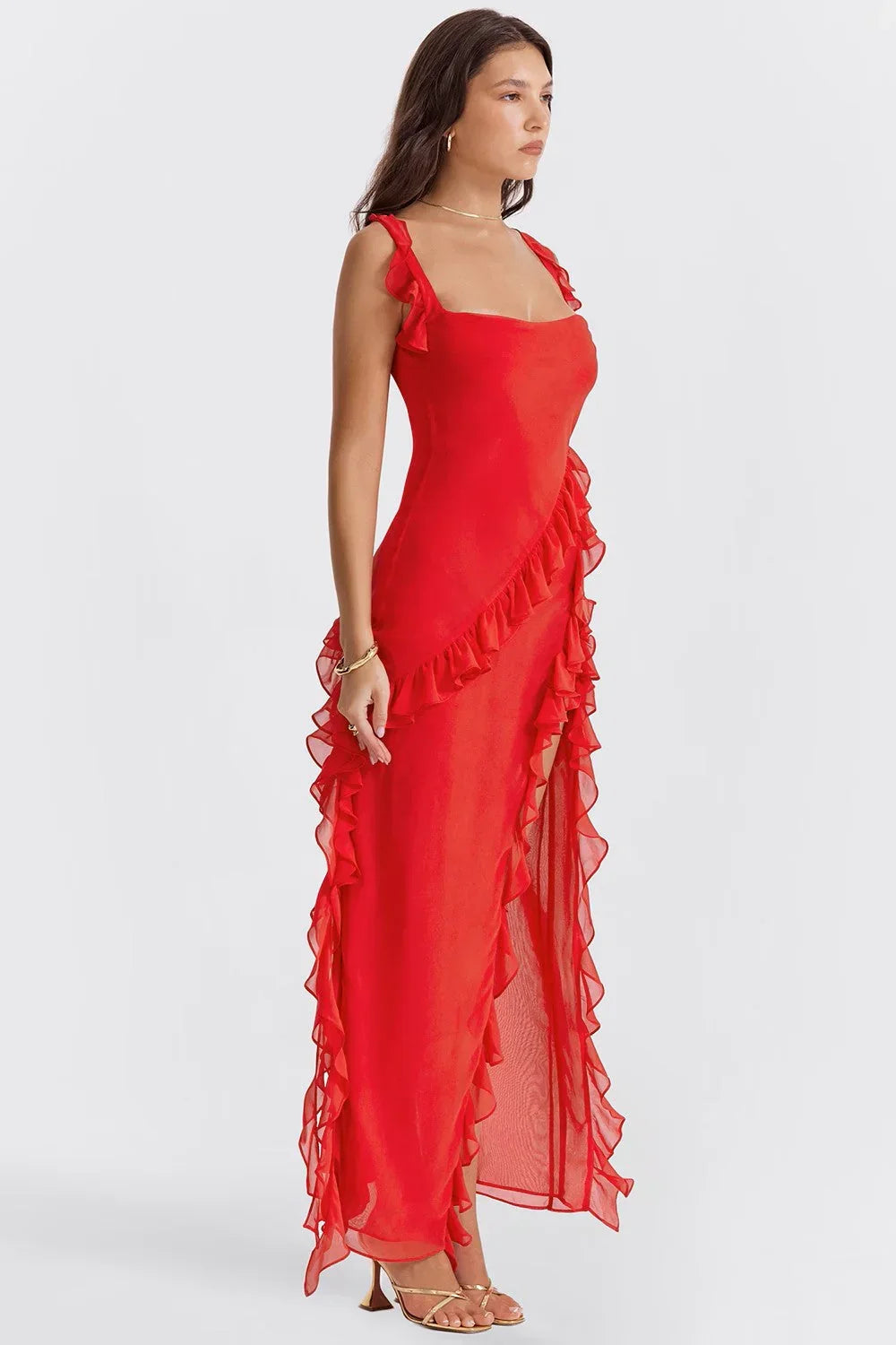 Vestido largo mujer con volantes y tirantes