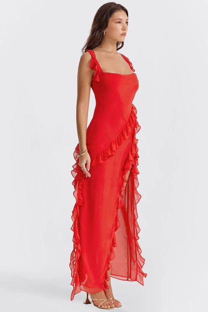 Vestido largo mujer con volantes y tirantes