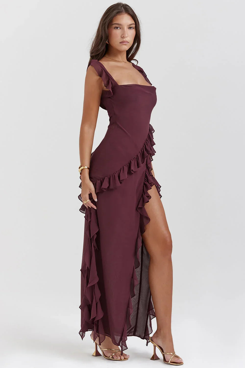 Vestido largo mujer con volantes y tirantes