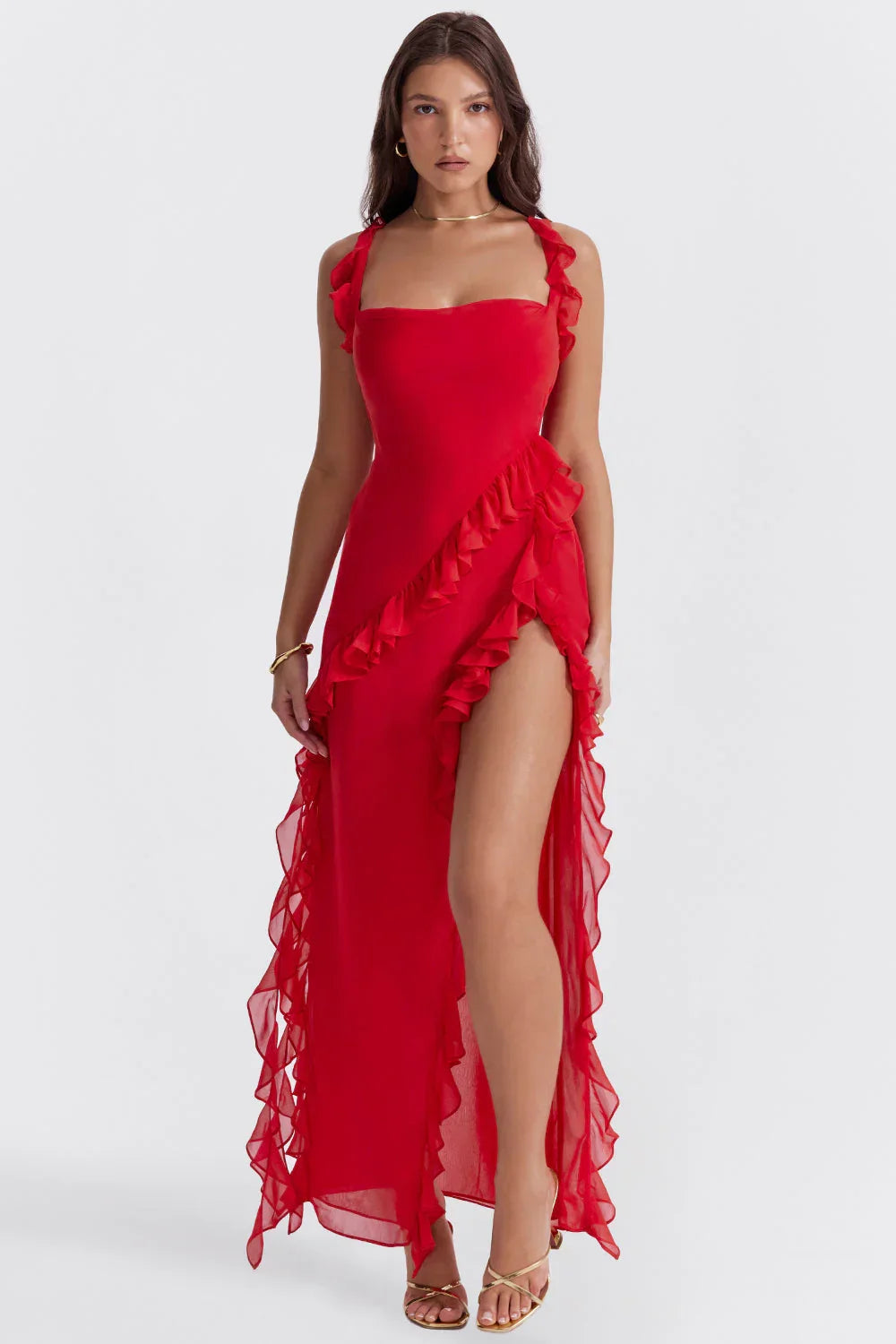 Vestido largo mujer con volantes y tirantes