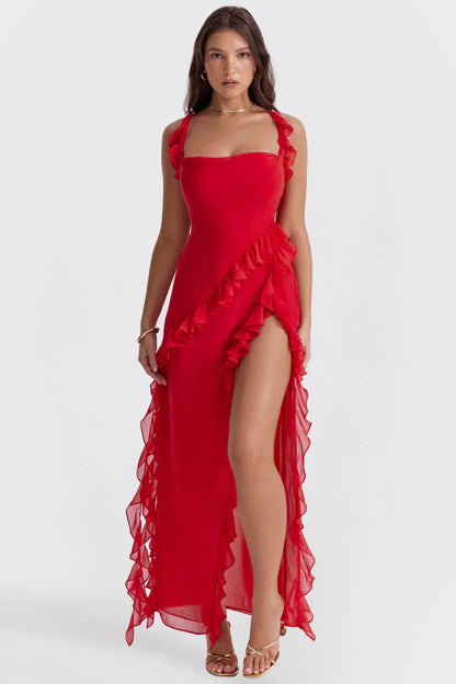 Vestido largo mujer con volantes y tirantes