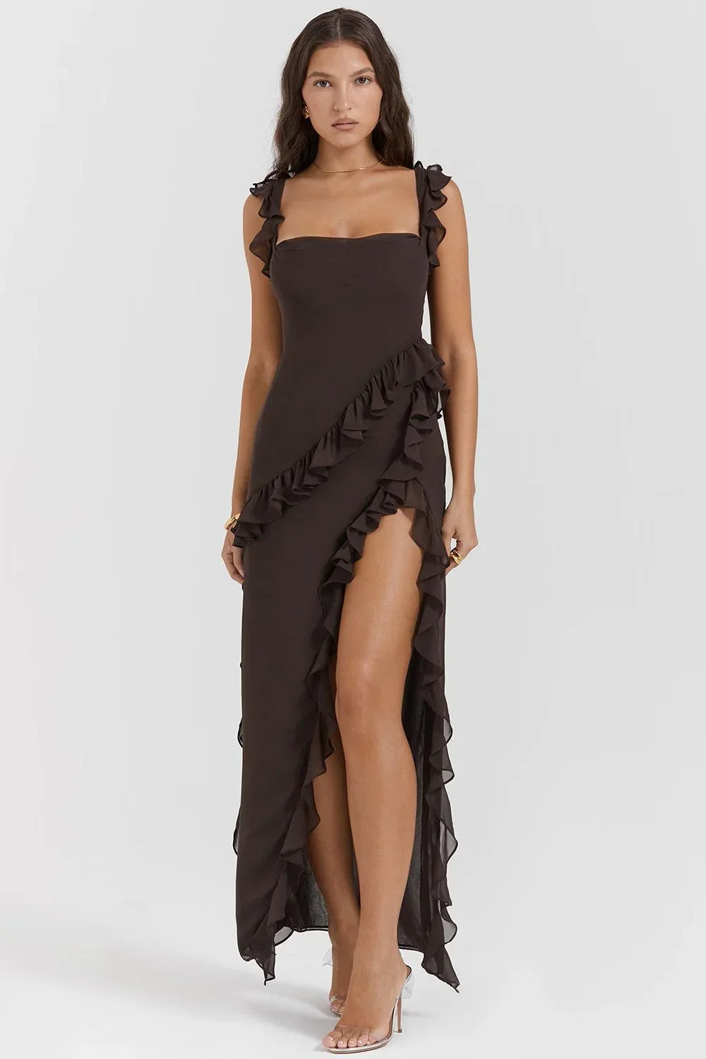 Vestido largo mujer con volantes y tirantes