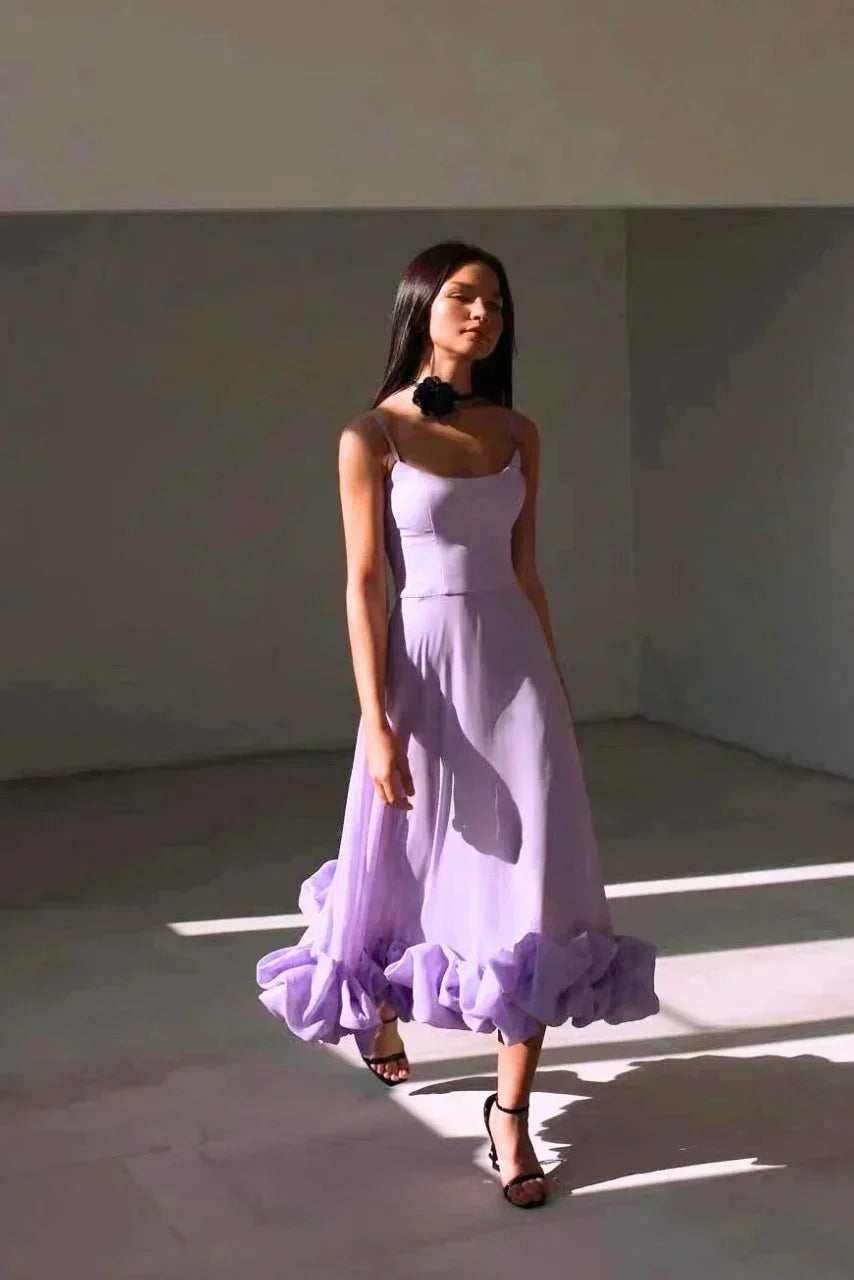 Vestido largo mujer con volantes en el bajo y tirantes finos