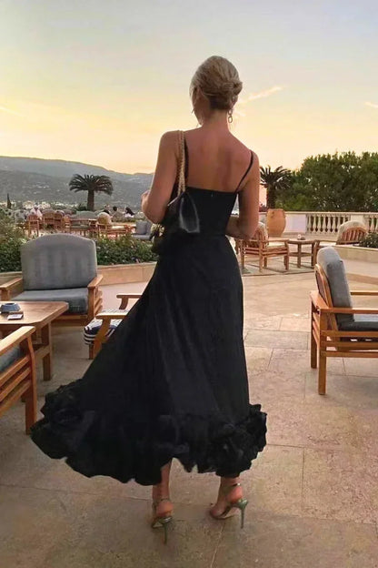 Vestido largo mujer con volantes en el bajo y tirantes finos