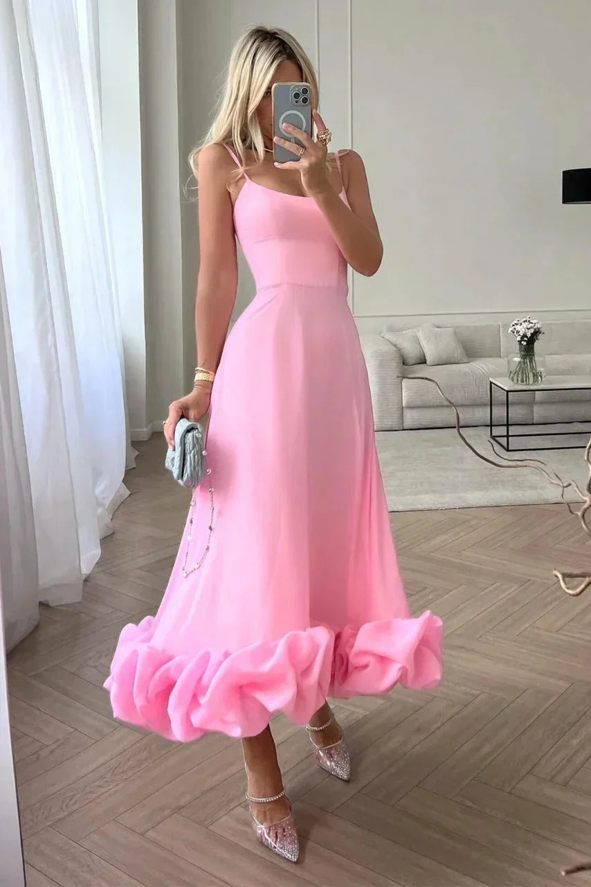 Vestido largo mujer con volantes en el bajo y tirantes finos