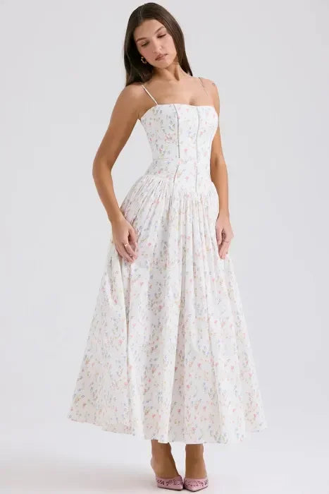 Vestido largo mujer blanco con estampado floral de colores