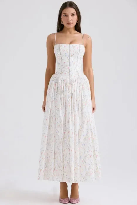 Vestido largo mujer blanco con estampado floral de colores