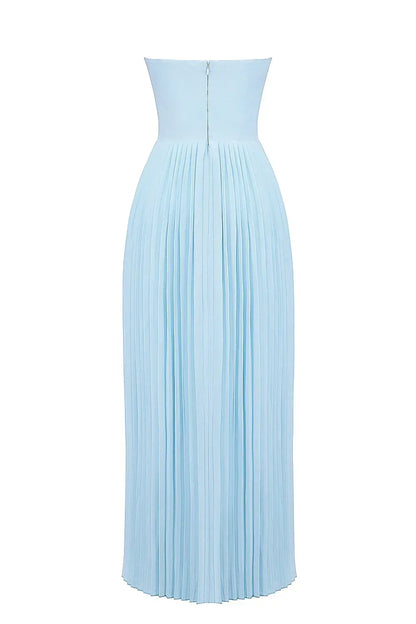 Vestido largo mujer azul claro plisado palabra de honor