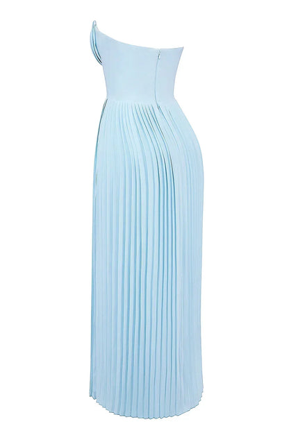 Vestido largo mujer azul claro plisado palabra de honor