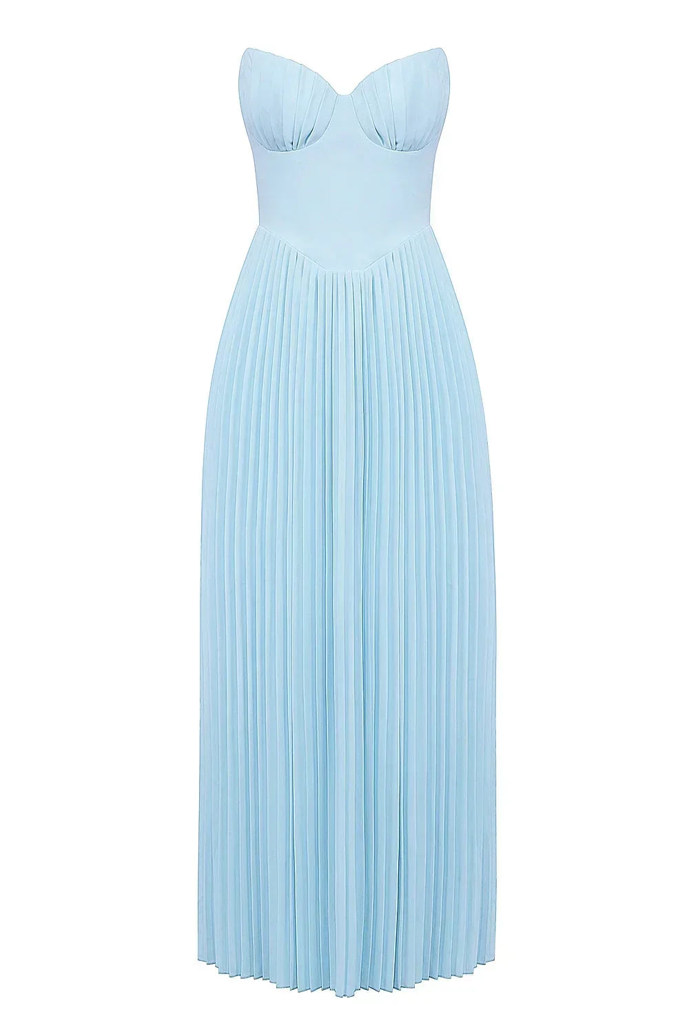 Vestido largo mujer azul claro plisado palabra de honor
