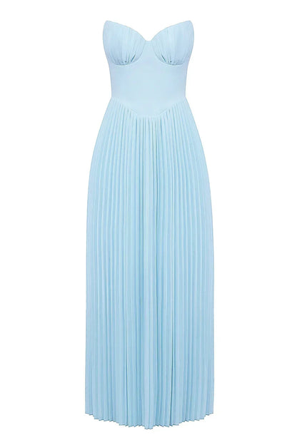 Vestido largo mujer azul claro plisado palabra de honor