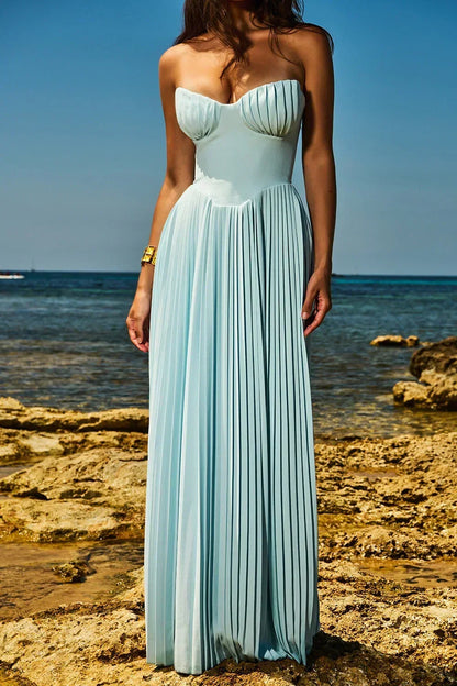 Vestido largo mujer azul claro plisado palabra de honor