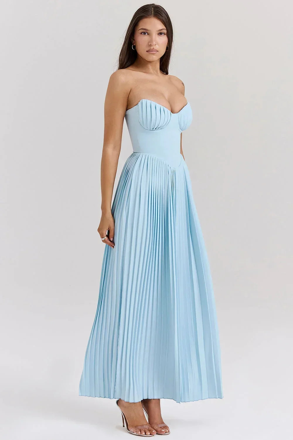Vestido largo mujer azul claro plisado palabra de honor