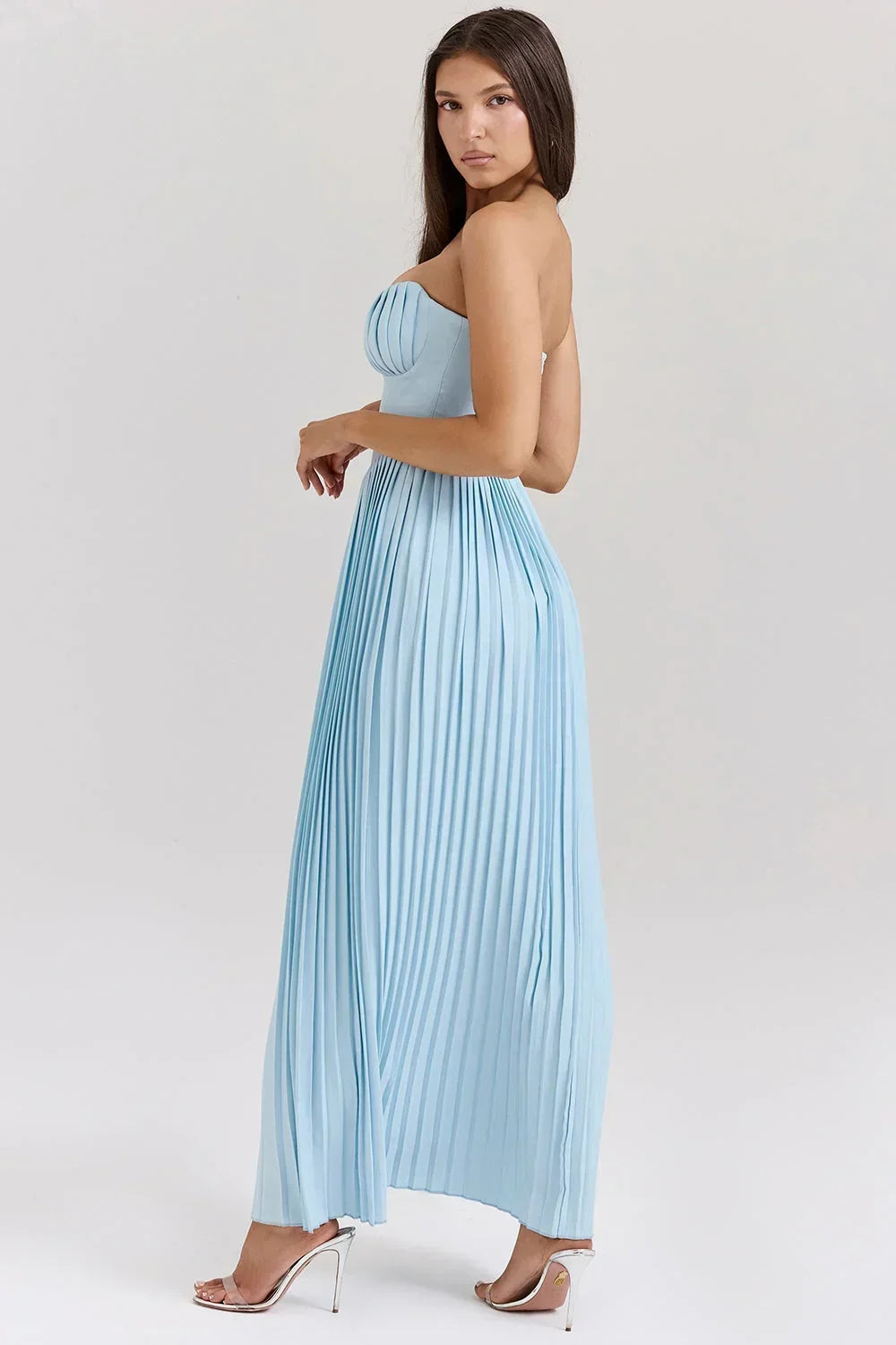 Vestido largo mujer azul claro plisado palabra de honor