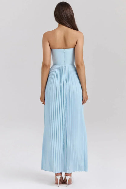 Vestido largo mujer azul claro plisado palabra de honor