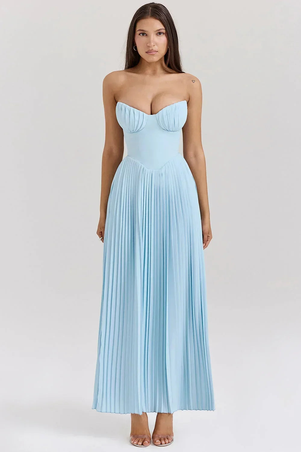 Vestido largo mujer azul claro plisado palabra de honor