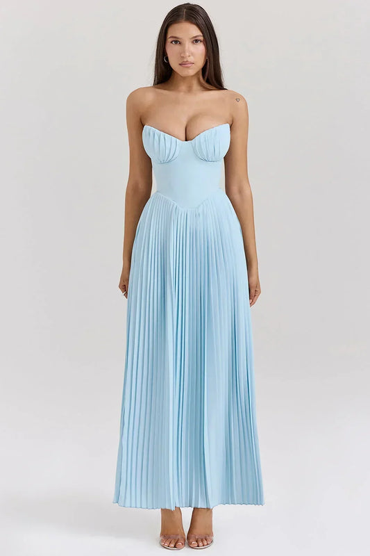 Vestido largo mujer azul claro plisado palabra de honor