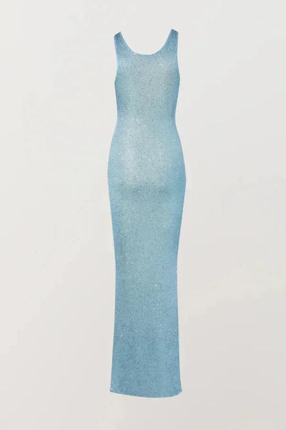 Vestido largo de mujer azul glacé sin mangas ajustado