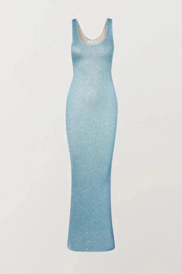 Vestido largo de mujer azul glacé sin mangas ajustado