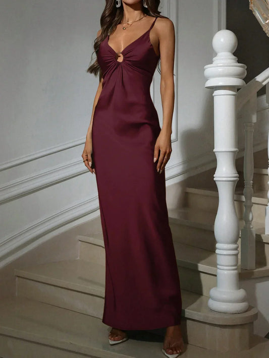 Vestido largo para mujer burdeos con tirantes finos y abertura