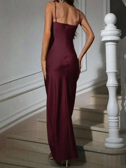 Vestido largo para mujer burdeos con tirantes finos y abertura