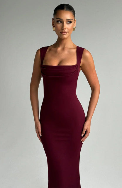 Vestido largo mujer burdeos sin mangas elegante