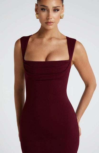 Vestido largo mujer burdeos sin mangas elegante