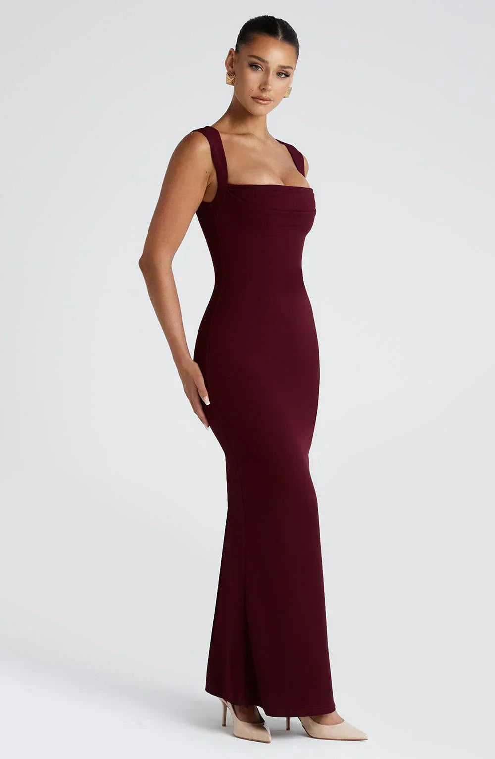 Vestido largo mujer burdeos sin mangas elegante