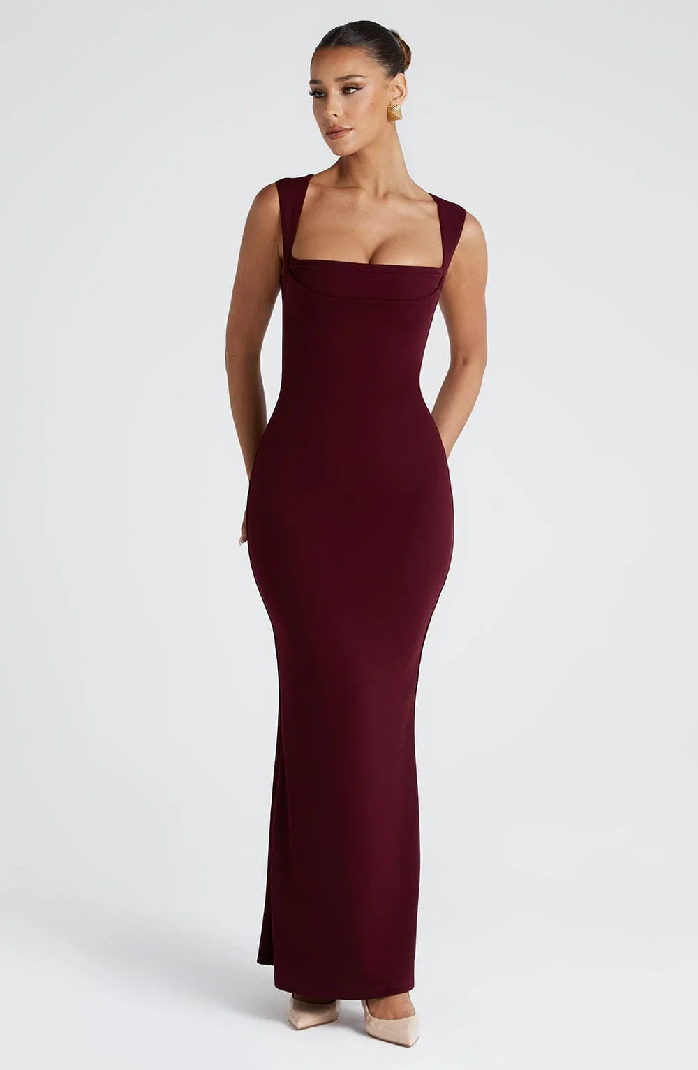 Vestido largo mujer burdeos sin mangas elegante