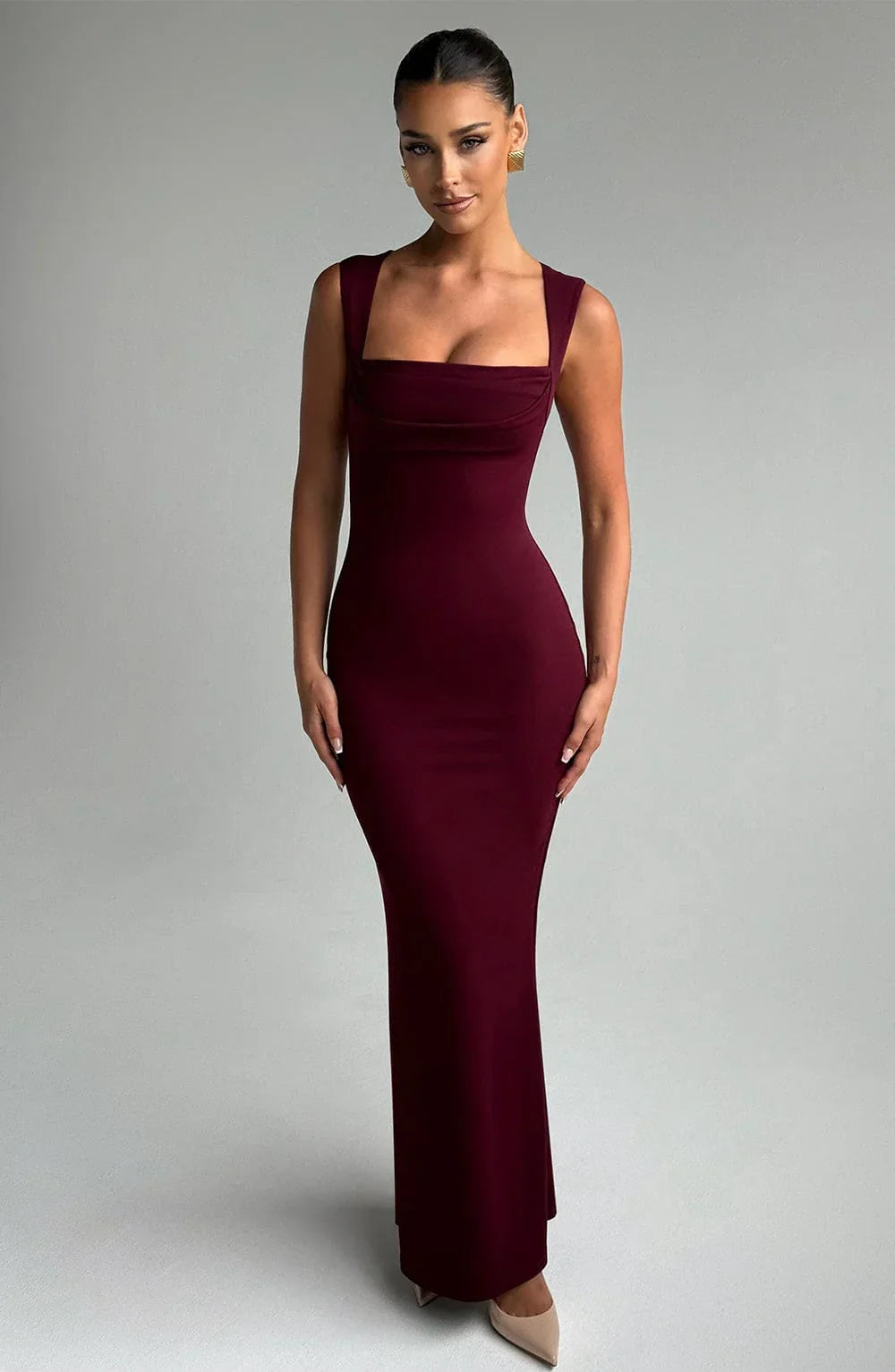 Vestido largo mujer burdeos sin mangas elegante