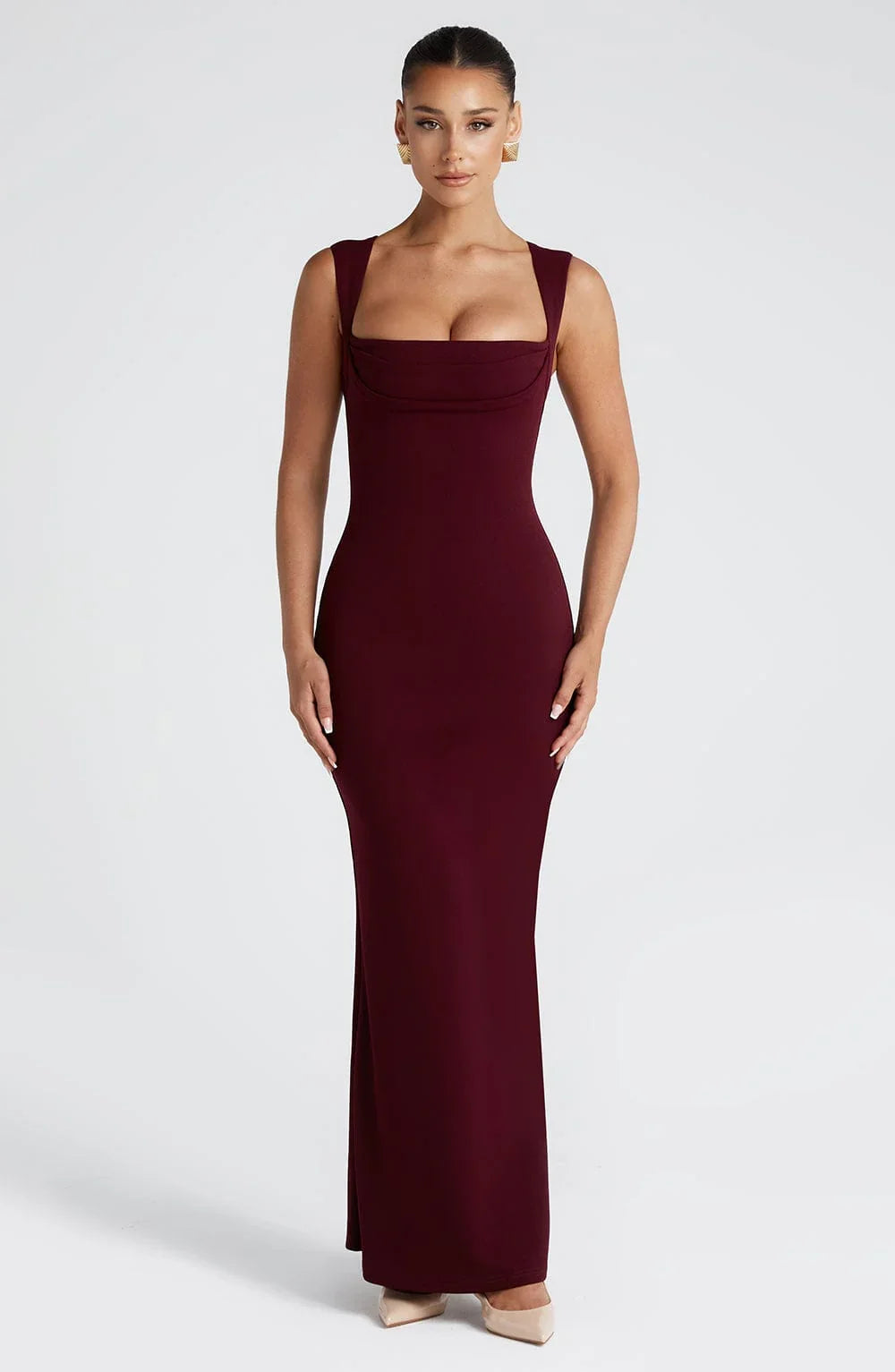 Vestido largo mujer burdeos sin mangas elegante