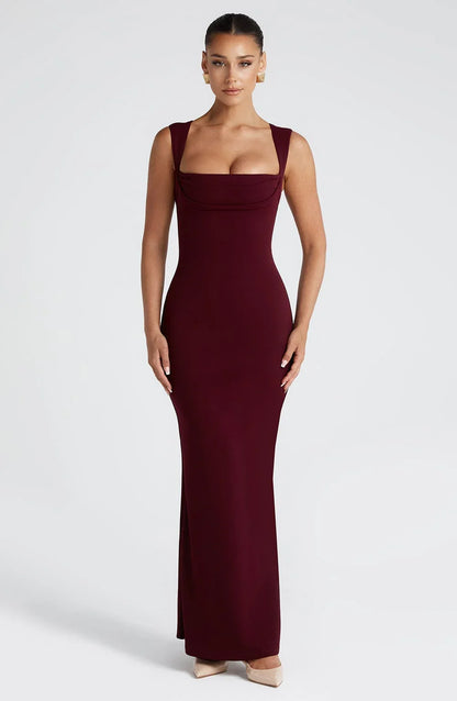 Vestido largo mujer burdeos sin mangas elegante