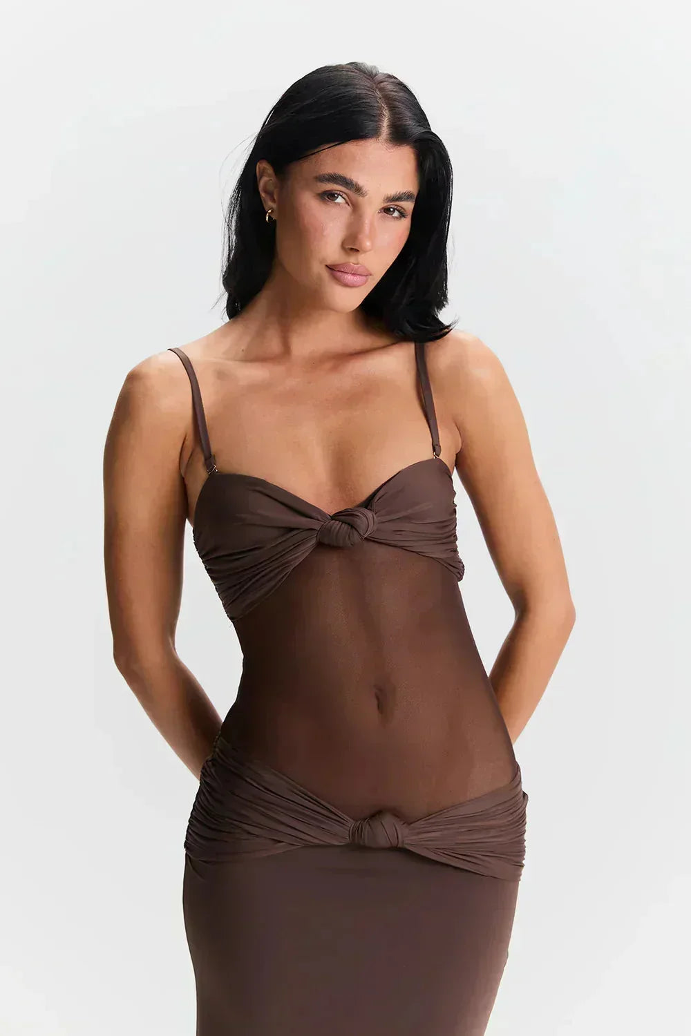 Vestido largo mujer palabra de honor con detalle transparente lazo
