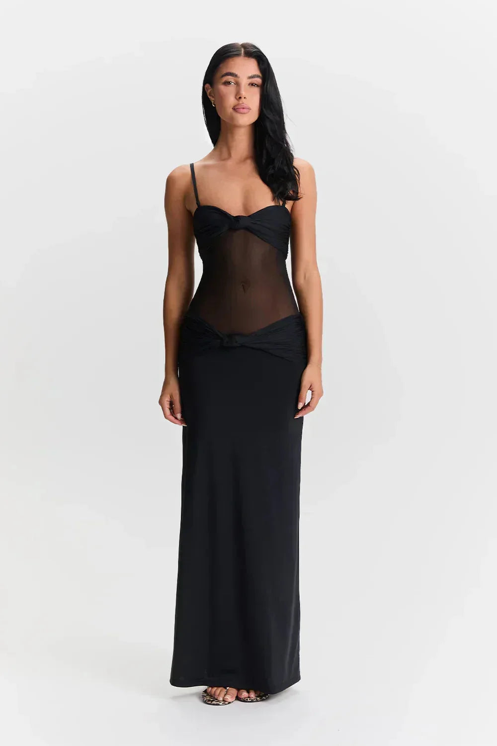 Vestido largo mujer palabra de honor con detalle transparente lazo