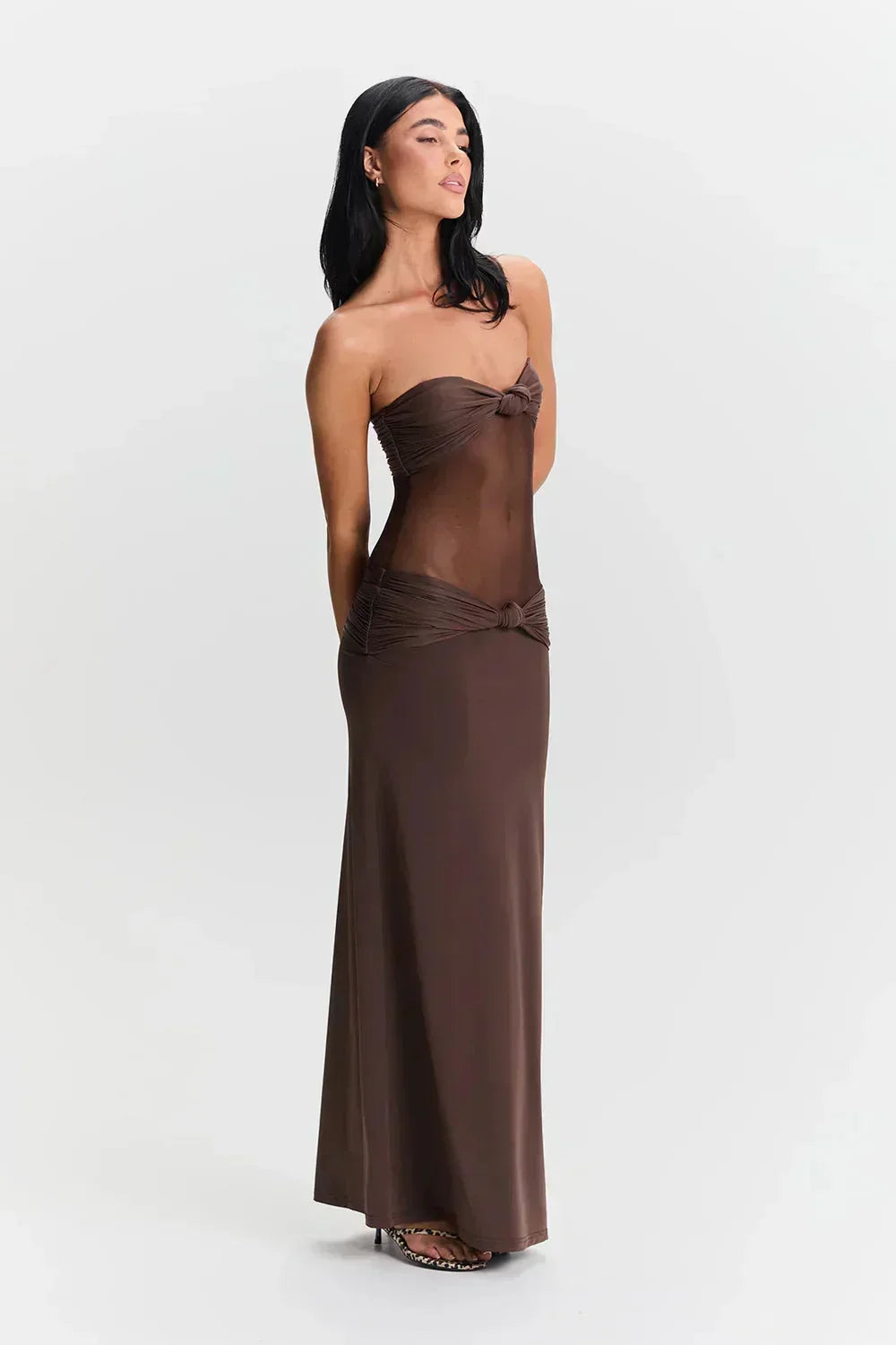 Vestido largo mujer palabra de honor con detalle transparente lazo