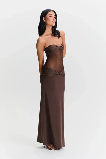 Vestido largo mujer palabra de honor con detalle transparente lazo