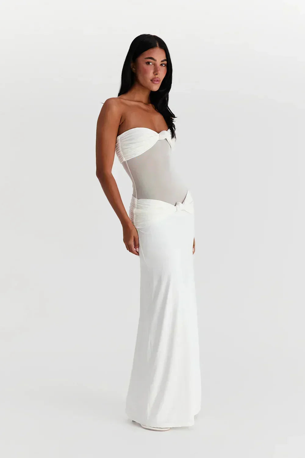Vestido largo mujer palabra de honor con detalle transparente lazo