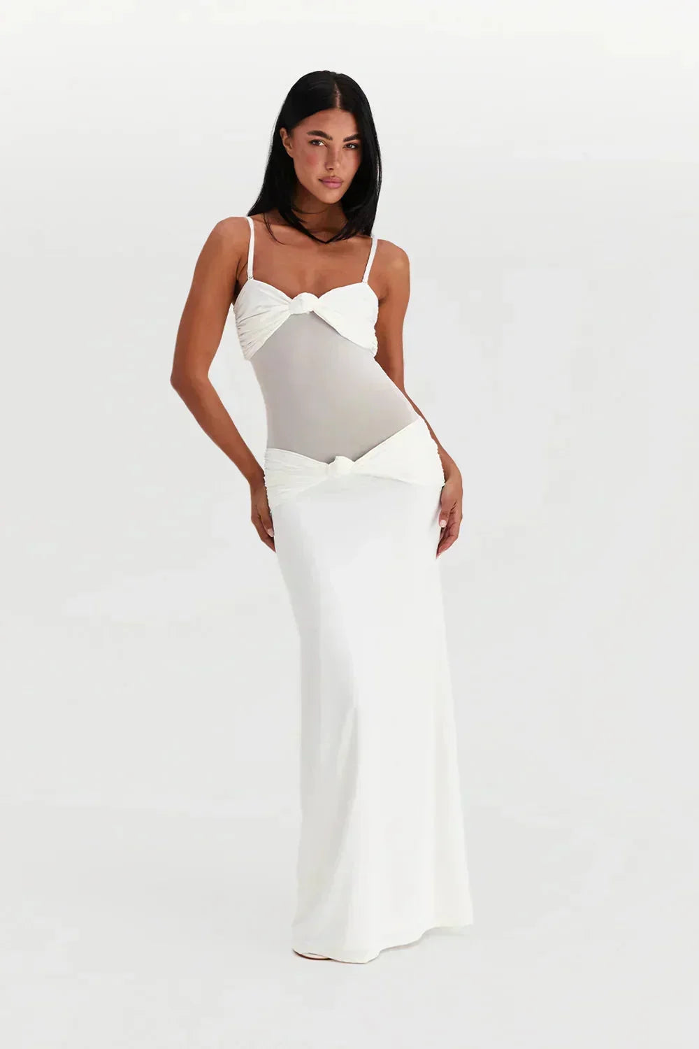 Vestido largo mujer palabra de honor con detalle transparente lazo