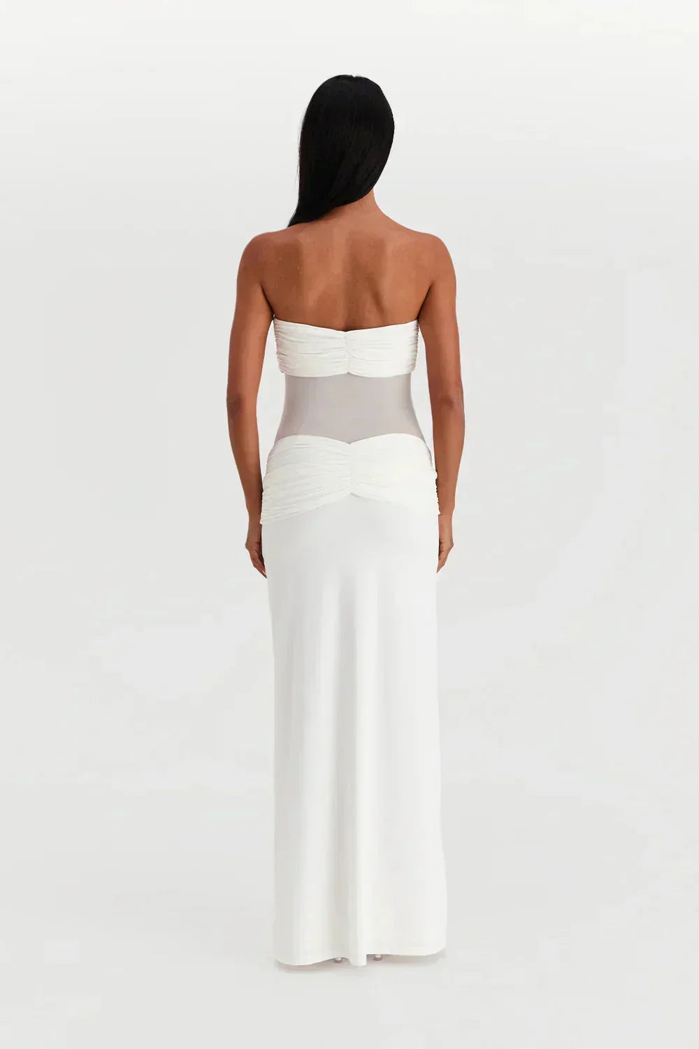 Vestido largo mujer palabra de honor con detalle transparente lazo