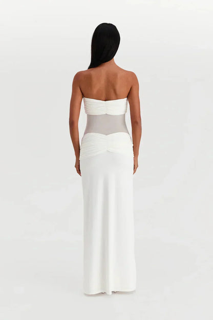 Vestido largo mujer palabra de honor con detalle transparente lazo