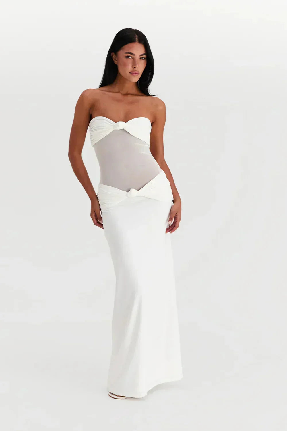 Vestido largo mujer palabra de honor con detalle transparente lazo