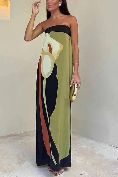 Vestido largo de mujer palabra de honor con motivos abstractos fluidos