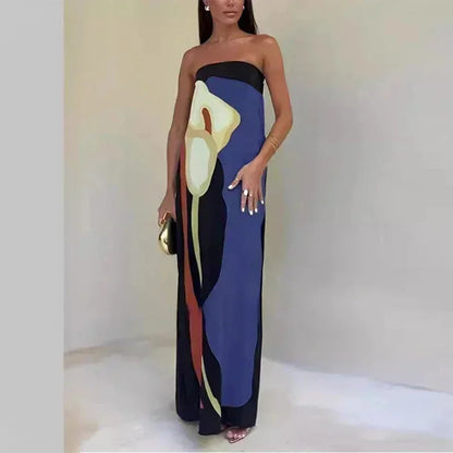 Vestido largo de mujer palabra de honor con motivos abstractos fluidos