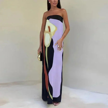 Vestido largo de mujer palabra de honor con motivos abstractos fluidos