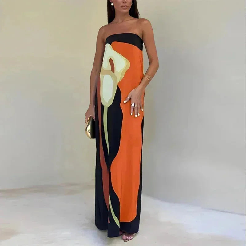 Vestido largo de mujer palabra de honor con motivos abstractos fluidos