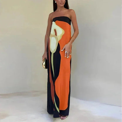 Vestido largo de mujer palabra de honor con motivos abstractos fluidos