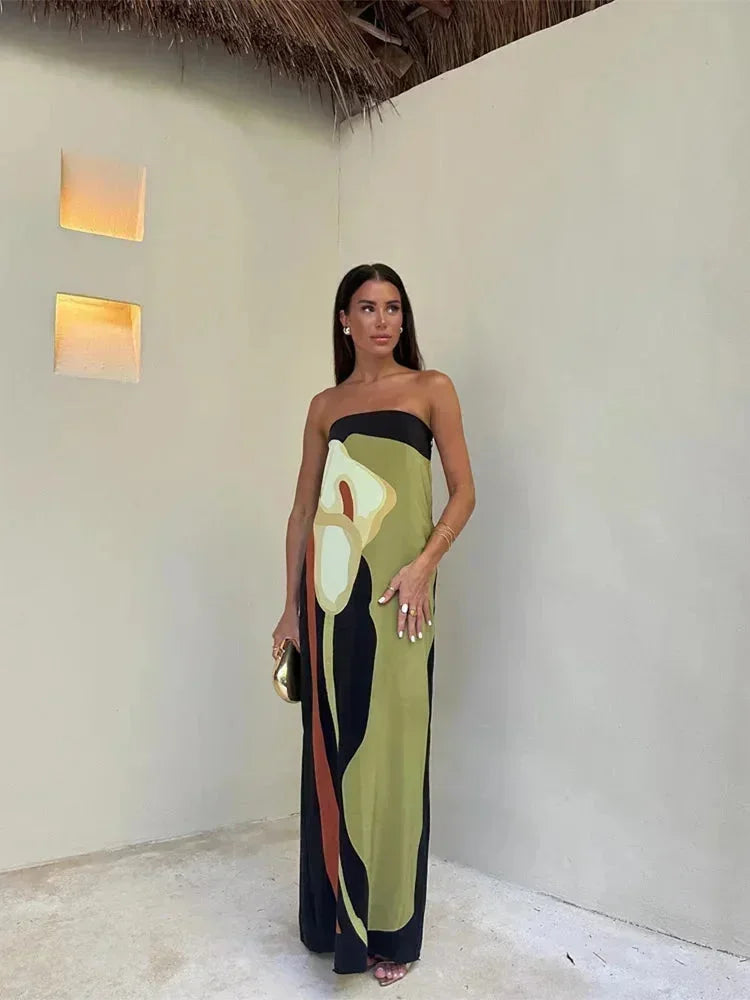 Vestido largo de mujer palabra de honor con motivos abstractos fluidos