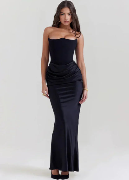 Vestido largo mujer palabra de honor fruncido satinado de noche